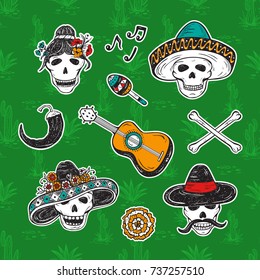 Mexico Patch Badges. Dia de los Muertos. Day of the Dead. Mexican Holiday Symbols Stickers: Mexican Skulls, Marigold Flower, Guitar, Maraca, Chili Pepper, Bones. Vector Set 