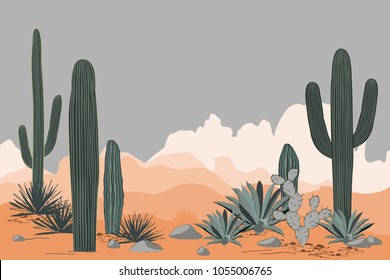 Mexico pattern with opuntia, agave, and saguaro cacti. Mountains background. Place for text