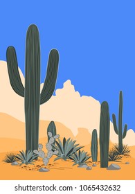 Mexico pattern with opuntia, agave, and saguaro cacti. Mountains background. Place for text
