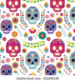 Mexico pattern with skull, flowers and ethnic elemens