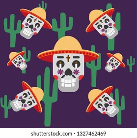 Mexico pattern with skull in hat, cactus, cross and candles . Day of the dead sugar skull banner for mexican celebration. Vector Illustration