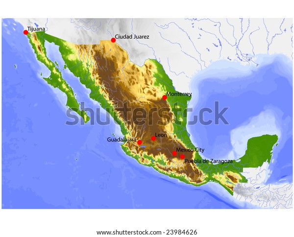 Mexico Physical Vector Map Colored According Stock Vector Royalty