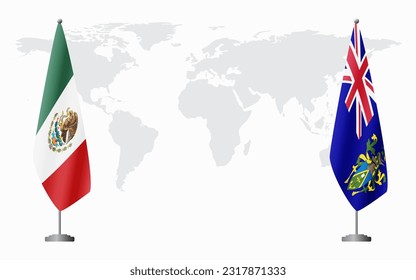 Mexico and Pitcairn Islands flags for official meeting against background of world map.