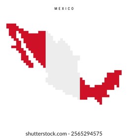 Mexico pixel flag map icon. 8 bit pixel art Mexican map covered with flag. Flat vector illustration isolated on white background.