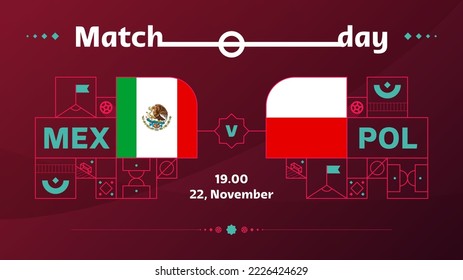 partido de polonia méxico 2022. Partido del Campeonato Mundial de Fútbol 2022 frente a equipos con antecedentes deportivos, afiche de la competencia del campeonato, ilustración del vector.