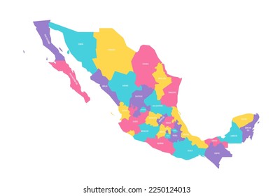 Mexico political map of administrative divisions - states and Mexico City. Colorful vector map with labels.