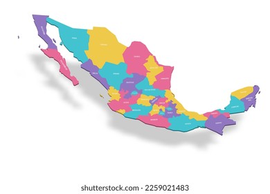 Mexico political map of administrative divisions - states and Mexico City. 3D colorful vector map with name labels.