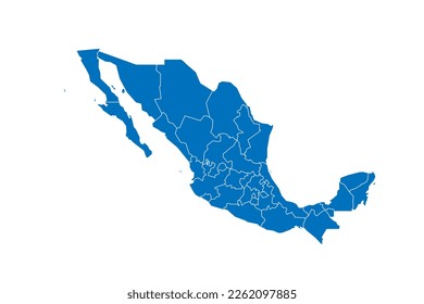 Mexico political map of administrative divisions - states and Mexico City. Solid blue blank vector map with white borders.