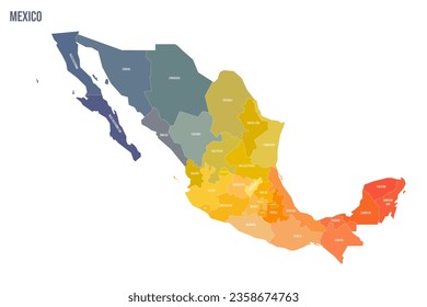 Mexico political map of administrative divisions - states and Mexico City. Colorful spectrum political map with labels and country name.