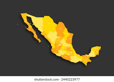 Mexico political map of administrative divisions - states and Mexico City. Yellow shade flat vector map with name labels and dropped shadow isolated on dark grey background.