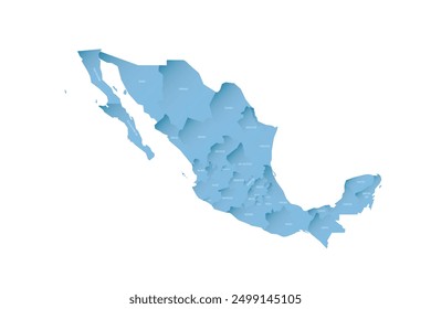 Mexico political map of administrative divisions - states and Mexico City. Shaded vector map with 3D-like blue gradient and name labels