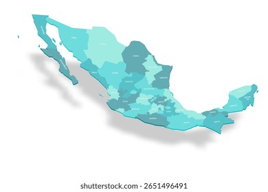 Mapa político de divisões administrativas do México - estados e Cidade do México. Mapa de vetor turquesa 3D com rótulos de nome.