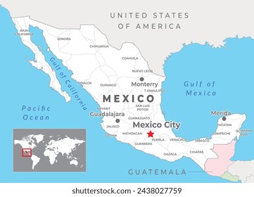 Mexico Political Map with capital Mexico City, most important cities and national borders