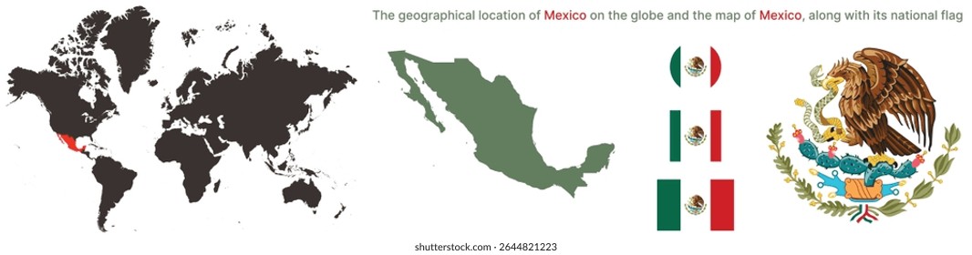 
 Mexico Political Map with Flag, Emblem, and Global Location – Transparent Background. 
