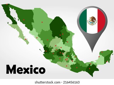 Mexico political map with green shades and map pointer.