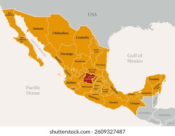 Mexico political map highlighted at Guanajuanto state