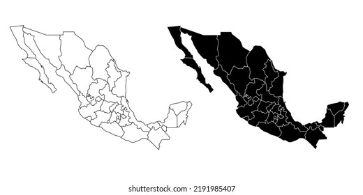 Mexico political map. Low detailed. Outline style. Vector editable