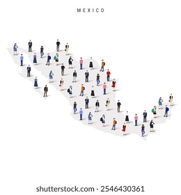 Mexico population map. Large group of realistic a diverse crowd of people figures in a shape of Mexican map. Flat vector illustration isolated on white.