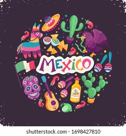 Mexico poster in circle shape. Mexican culture attributes collection. Guitar, sombrero, maracas, cactus and jalapeno isolated on black background.