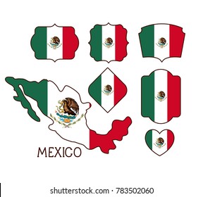 mexico poster with map and insignia templates with mexican flags in colorful silhouette