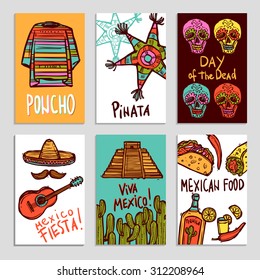 Mexico poster set with hand drawn poncho pinata and food elements isolated vector illustration