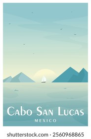 Mexico poster summer seascape. Cabo San Lucas flat illustration poster. Mediterranean landscape