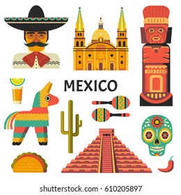 Mexico poster. Vector icons collection of Mexican culture and food, including maracas, Sugar skull, Mayan pyramid, portrait of mariachi, taco and pinata in trendy flat style. Isolated on white.