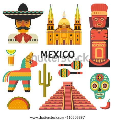 Mexico poster. Vector icons collection of Mexican culture and food, including maracas, Sugar skull, Mayan pyramid, portrait of mariachi, taco and pinata in trendy flat style. Isolated on white.
