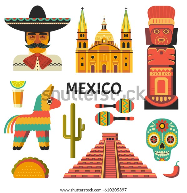 メキシコのポスター マラカス シュガー スカル マヤン ピラミッド マリアチ タコ ピナタなど メキシコ の文化と食べ物のベクター画像アイコンコレクション トレンディな平らなスタイルで描かれています 白い背景に のベクター画像素材 ロイヤリティフリー