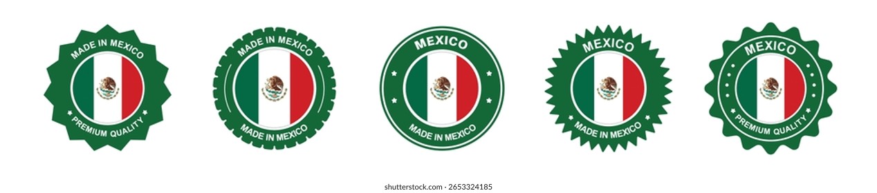 Conjunto de etiquetas de productos de México. Bandera de México, premium hecha en México . Etiquetas, sellos, sellos, banderas, iconos
