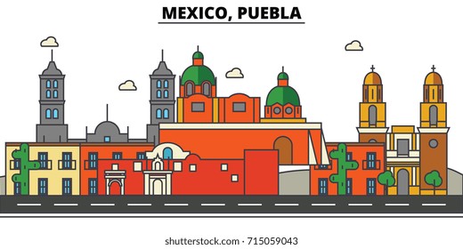 Mexico, Puebla. City skyline, architecture, buildings, streets, silhouette, landscape, panorama, landmarks, icons. Editable strokes. Flat design line vector illustration concept