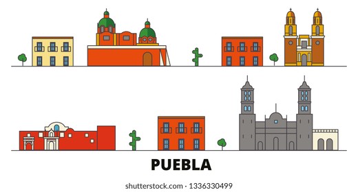 Mexico, Puebla flat landmarks vector illustration. Mexico, Puebla line city with famous travel sights, skyline, design. 