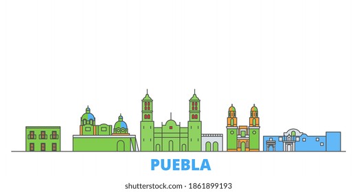 Mexico, Puebla line cityscape, flat vector. Travel city landmark, oultine illustration, line world icons