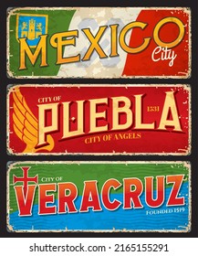 México, Puebla, placas de viaje y stickers de la ciudad de Veracruz, carteles de estaño vector mexicano. Estados de México ciudades placas de viaje y etiquetas de equipaje con banderas, emblemas y símbolos emblemáticos o etiquetas de ciudades