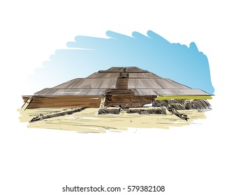 Mexico. Pyramid of the Sun.Teotihuacan. Hand drawn vector illustration.