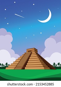 Mexico Pyramids. Chichen Itza, Mayan pyramid. Ancient Mayan pyramids in the jungle in the night. Maya Civilization. Mexican jungle landscape.	