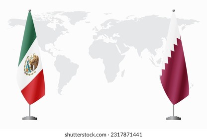 Mexico and Qatar flags for official meeting against background of world map.