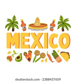 Mexico quote greeting card for mexican holiday, flat lettering, logo mexico