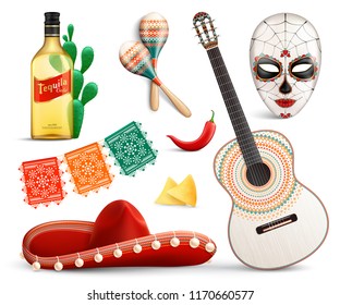 Mexico realistic set of carnival mask sombrero  tequila traditional festival symbols guitar and other music accessories vector illustration