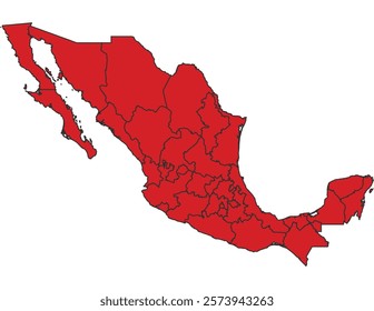 Mexico red map with border of regions outline vector