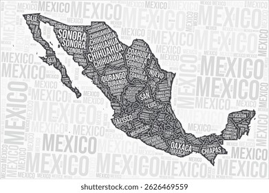 Mexiko Regionen Karte Wort Wolke. Regionale Namen für Mexiko. Schwarz-weißes Kartendesign. Trendvektorgrafik.