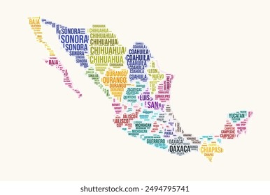 Mexico regions word cloud. Country logo design. Regions typography style vector image. Mexico colored text cloud. Amazing vector illustration.