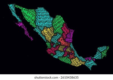 Mexico Regions Word Clouds. Bright neon style design on a dark background. Region names of the country in the Spanish language. Country shape with administrative division. Trending vector illustration.