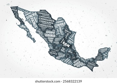 Mexico regions word clouds. Country shape on textured background. Mexico design in typographic style. Amazing vector illustration.