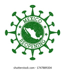 Mexico Reopening Stamp. Green round badge of country with map of Mexico. Country opening after lockdown. Vector illustration.