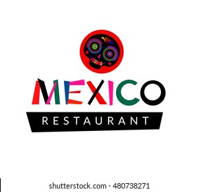 Mexico restaurant logo isolated on white background. Design for sign, menu, banner. Black sugar skull and hand drawn typing for branding and identity. Vector illustration.