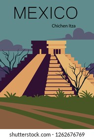 Mexico retro post. Landscape of Mexico with the ancient pyramid of Chichen Itza.