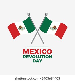 Afiche vectorial del Día de la Revolución de México. Dos banderas mexicanas cruzadas en un vector de icono de poste aislado en un fondo gris. Símbolo de la bandera de México. 20 de noviembre. Día importante