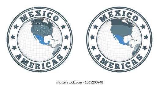 Mexico round logos. Circular badges of country with map of Mexico in world context. Plain and textured country stamps. Vector illustration.