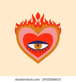 Mexico sacred heart vintage tattoo. Mexican decoration, Christian religion God heart spiritual tattoo or vector patch. Latin America culture love symbol with flame and eye